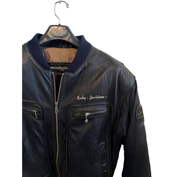VTG Harley Davidson Black Leather, Nylon Bomber Jacket Men's Size XL Regular Fit - Picture 2 of 10